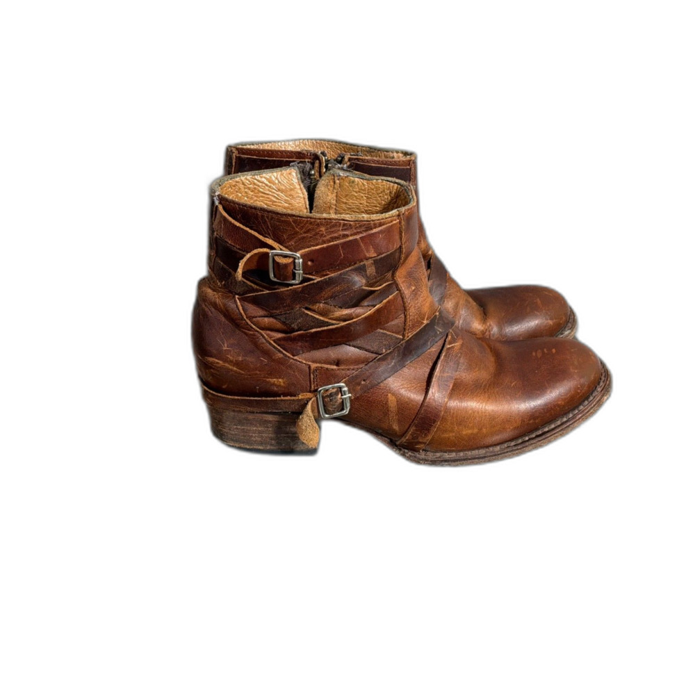 Freebird Sammi Boots Womens 7 Brown Leather Distress Belted Strapy Ankle Bootie